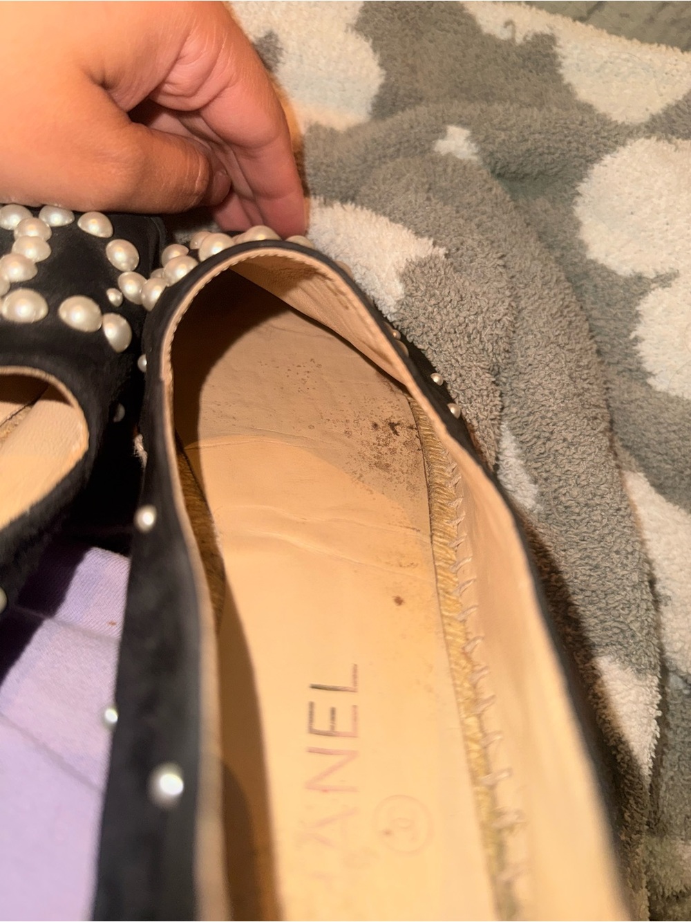 Chanel Suede Black Pearl-Embellished Women's Espadrilles - Picture 8 of 13